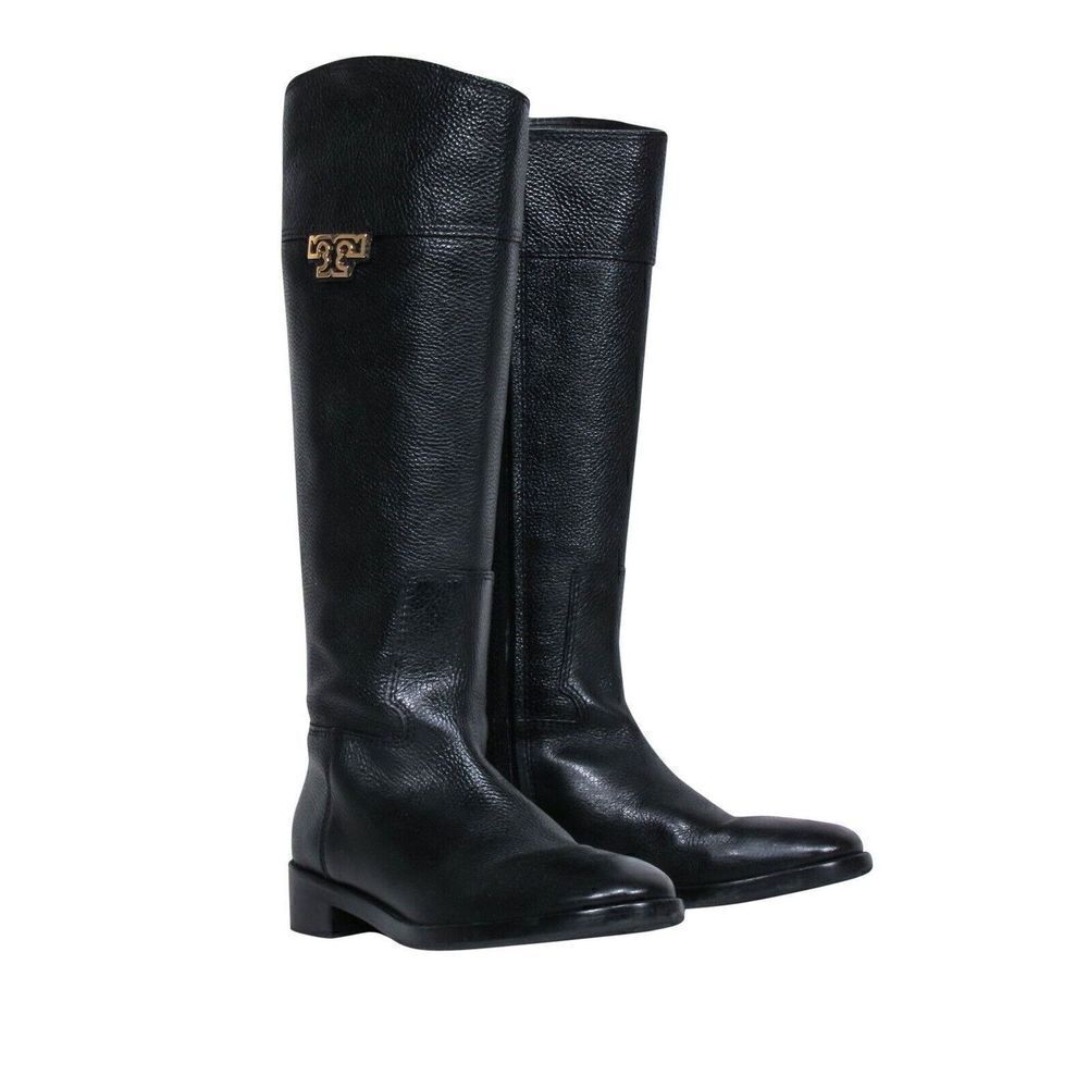Tory Burch Black Pebbled Leather Knee High Riding Boots W/Gold Logo Womens 7